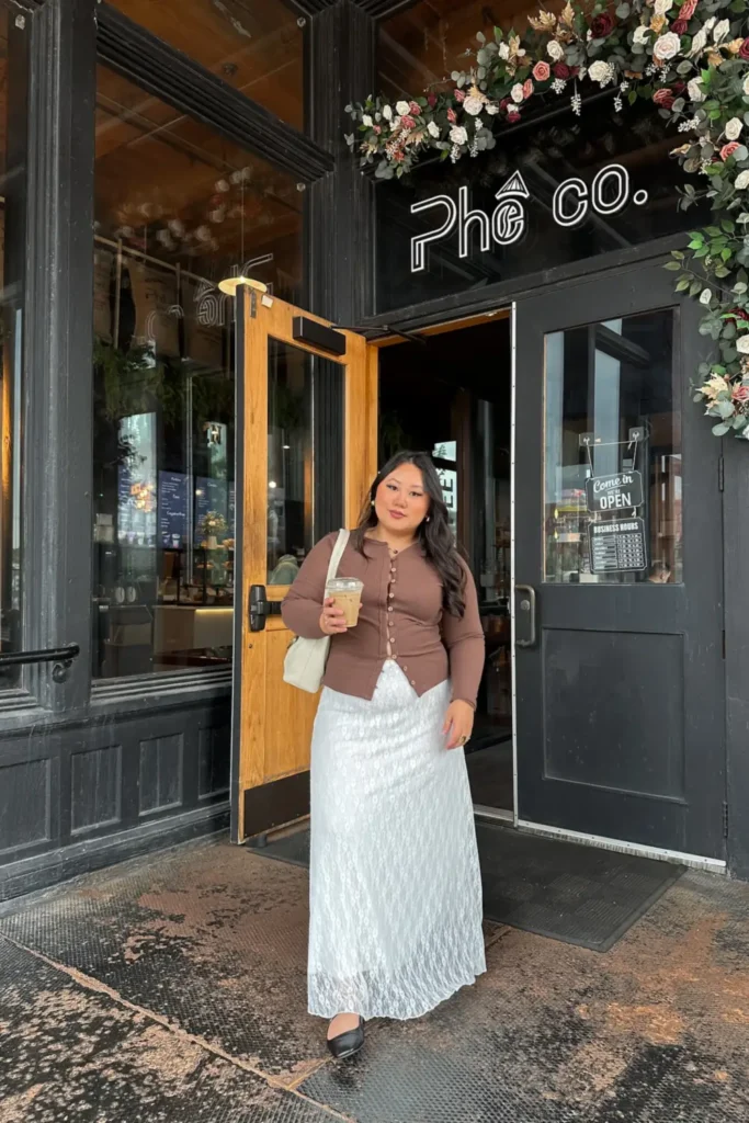 Brown Ribbed Cardigan and a White Lace Maxi Skirt