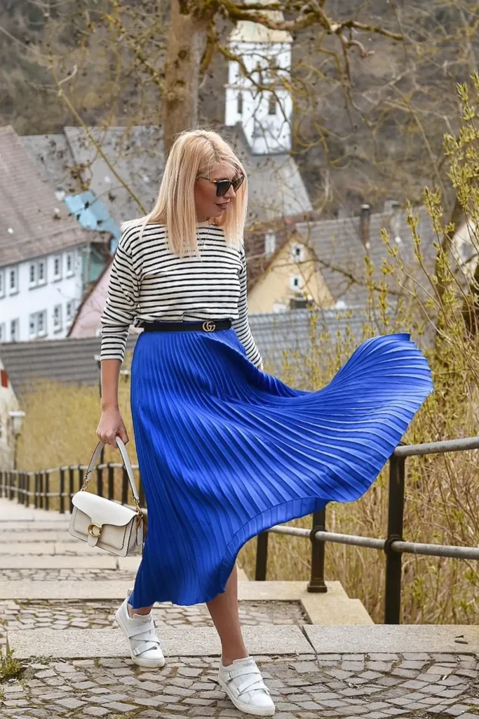 Cobalt Blue Pleated Skirt and a Striped Top