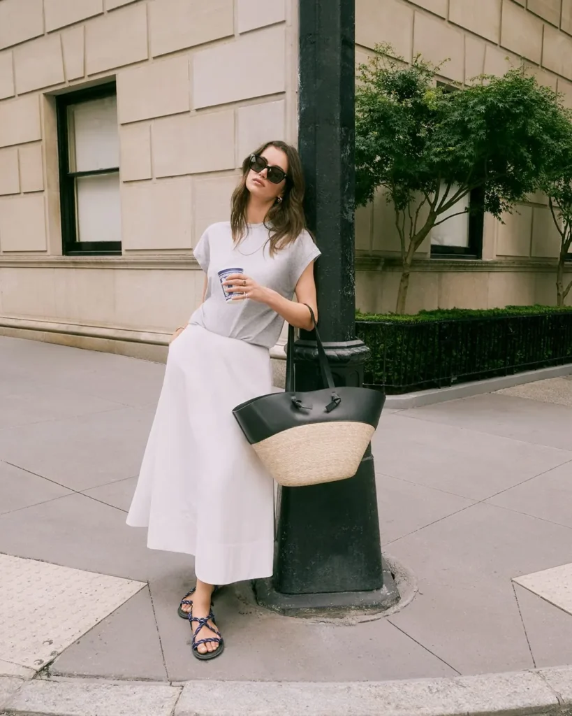 Gray Tee, Full White Skirt, and a Straw Tote
