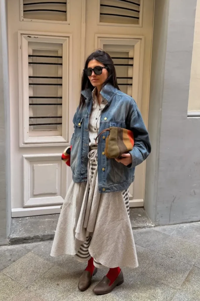 Striped Shirt and Skirt With Loafers and Red Socks