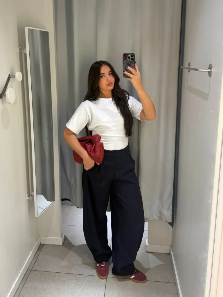 A White Tee, Navy Barrel Leg Trousers, and Burgundy Sneakers