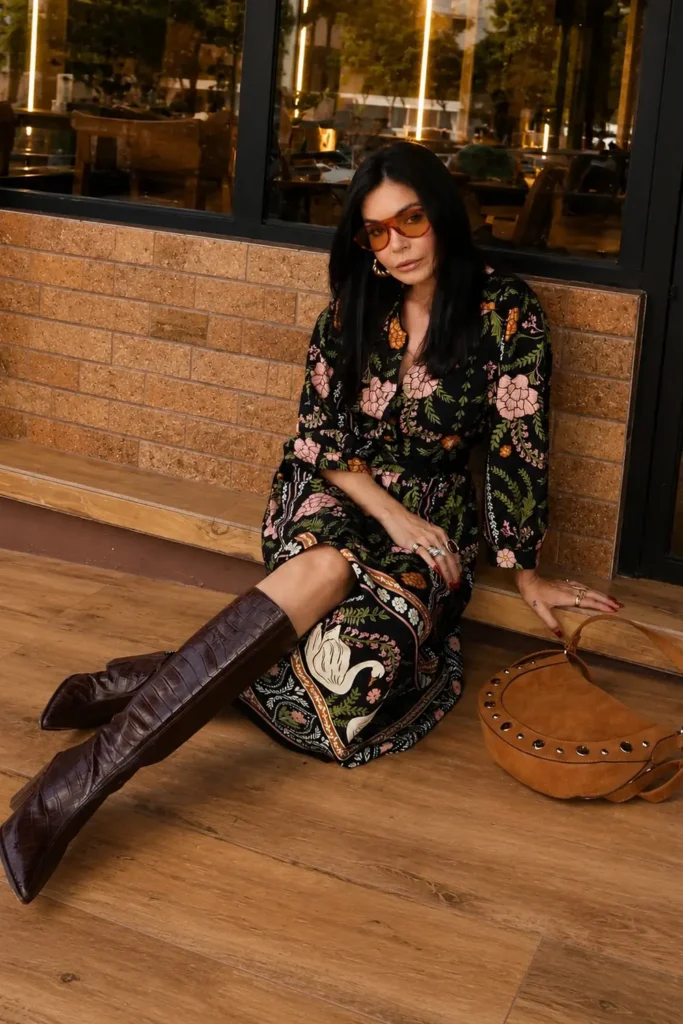 Dark Floral Midi Dress and Knee High Boots