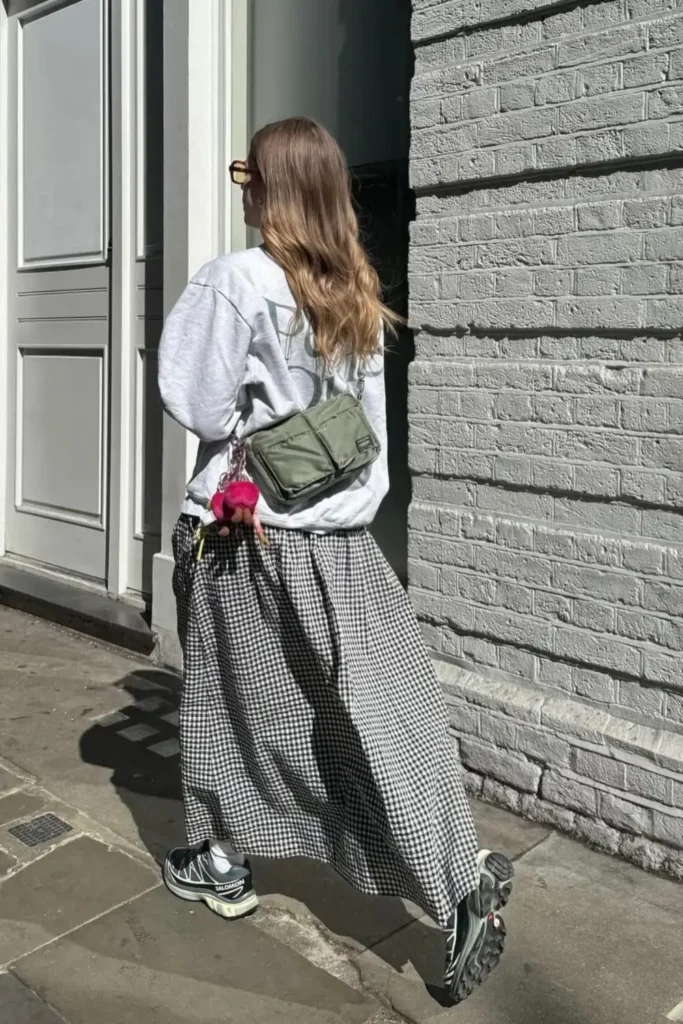 Gingham Maxi Skirt and a Gray Sweatshirt, Reworked for Work