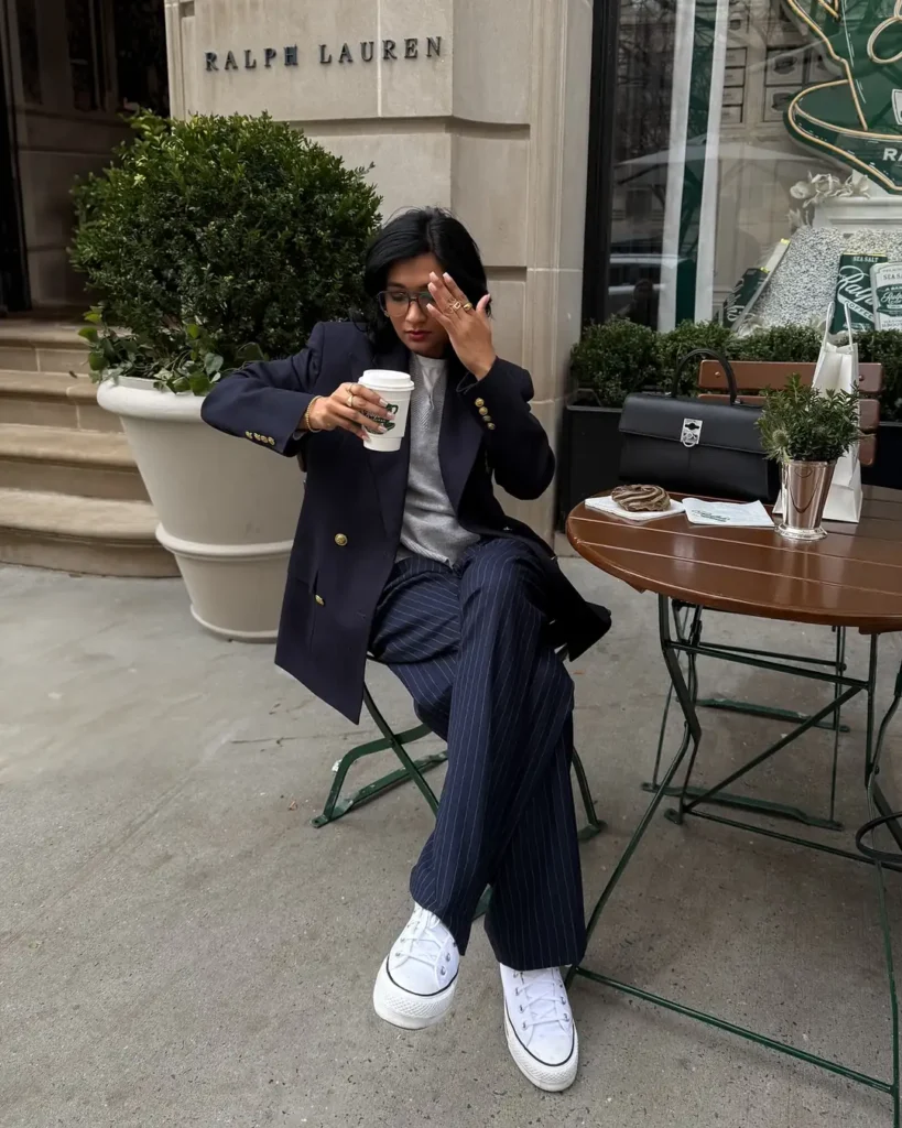 Navy Blazer and Pinstripe Trousers With Sneakers
