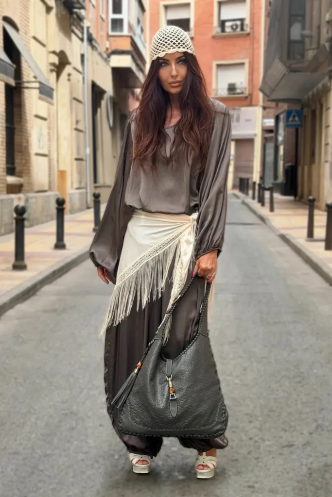 A Tonal Taupe Satin Set With a Fringe Shawl