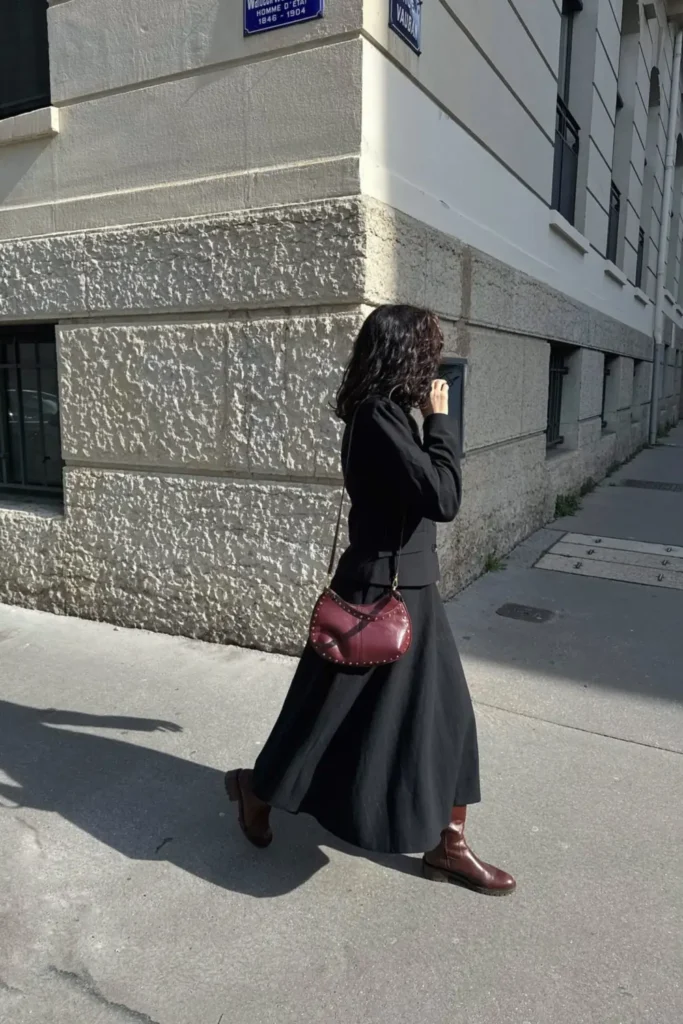 Black Jacket and Black A Line Skirt With Brown Boots