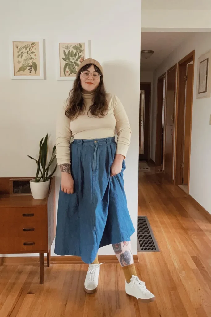 Cream Turtleneck and a Denim Midi Skirt