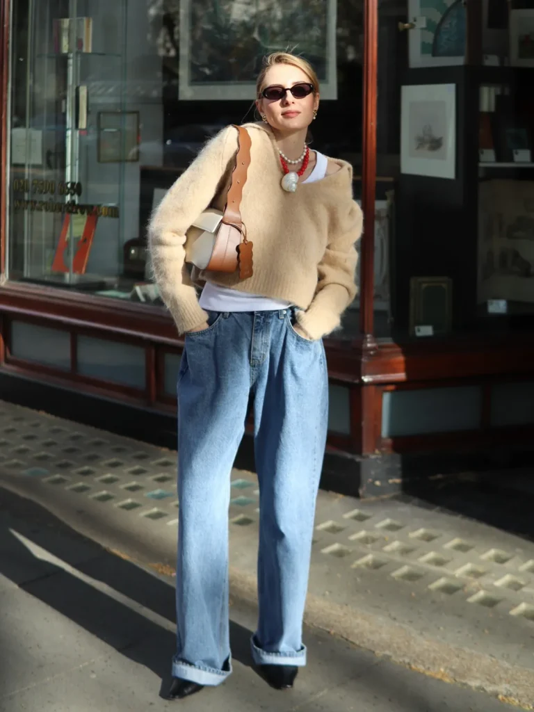 A Fuzzy Camel Sweater Layered Over a White Tank