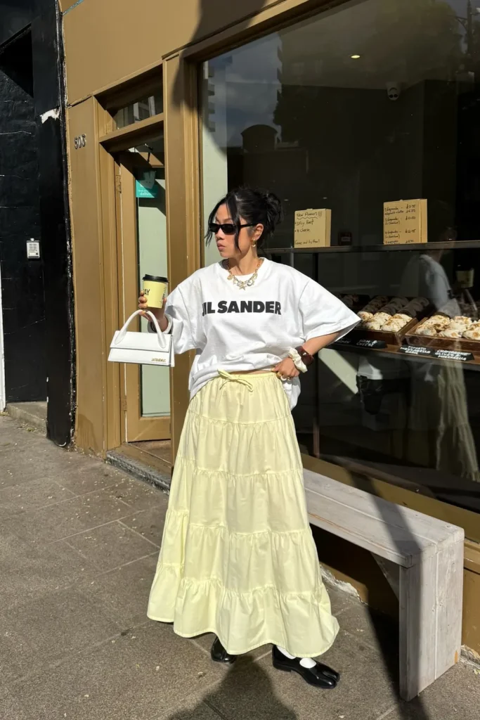 Butter Yellow Tiered Skirt With a White Tee