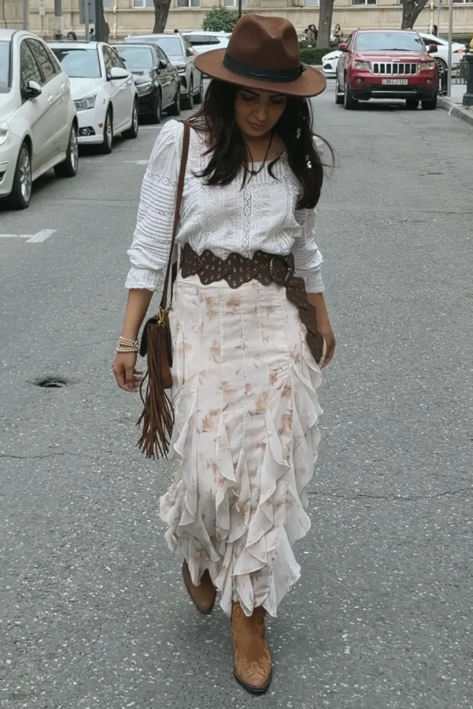 Lace Peasant Blouse, Ruffled Maxi Skirt, and Suede Boots