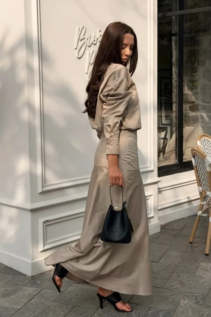 A Tonal Taupe Shirt and Maxi Skirt Set