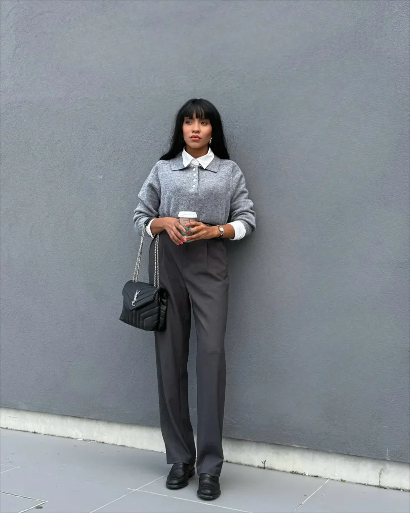 Grey Knit Polo, White Collar, and Charcoal Trousers