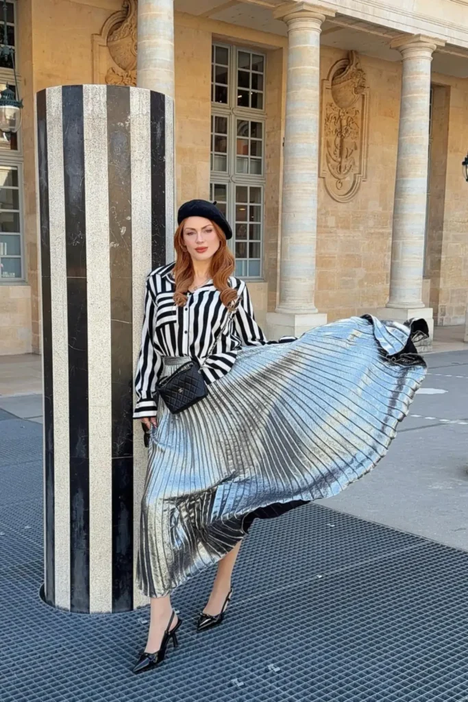 Silver Metallic Pleated Skirt With a Striped Shirt