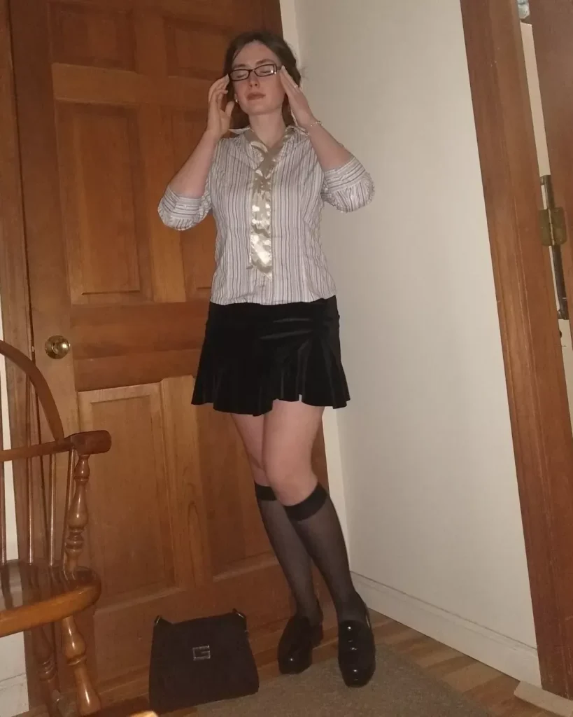 Striped Shirt, Satin Scarf Tie, and Velvet Mini