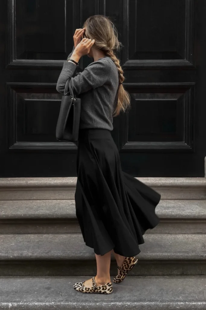 A Long Skirt Work Outfit With Leopard Print Flats