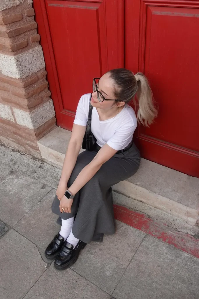 Business Casual in a Gray Long Skirt and Chunky Loafers