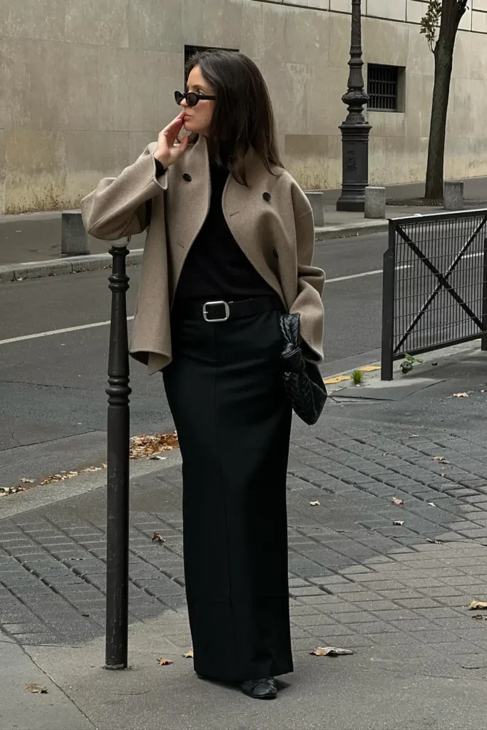 A Long Skirt Office Outfit in Black With a Taupe Wool Jacket