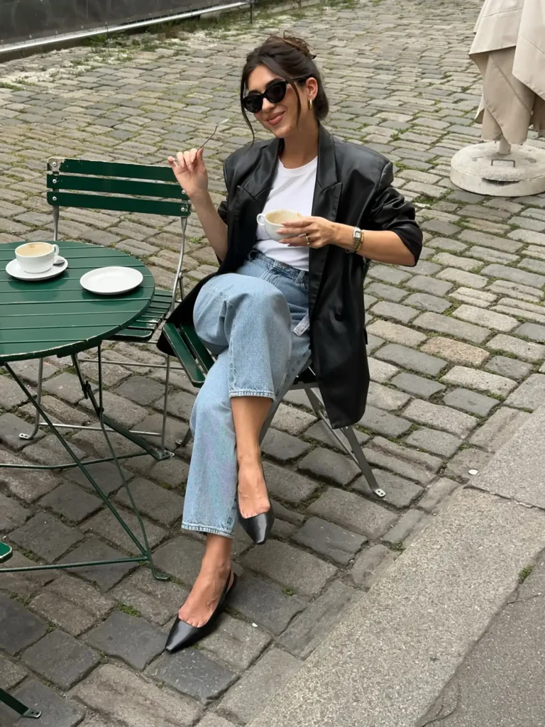 A Leather Blazer, a White Tee, and Cropped Light Jeans