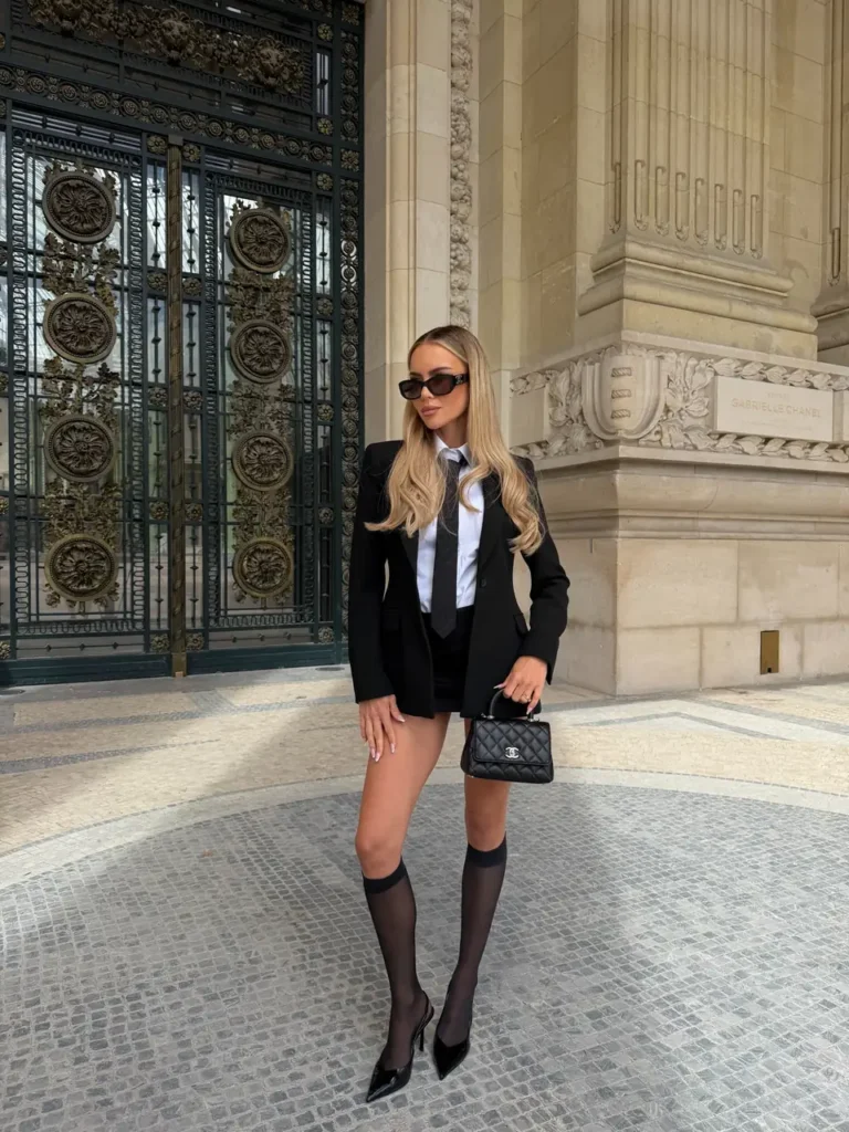 Black Blazer, Knotted Tie, and Sheer Knee Highs