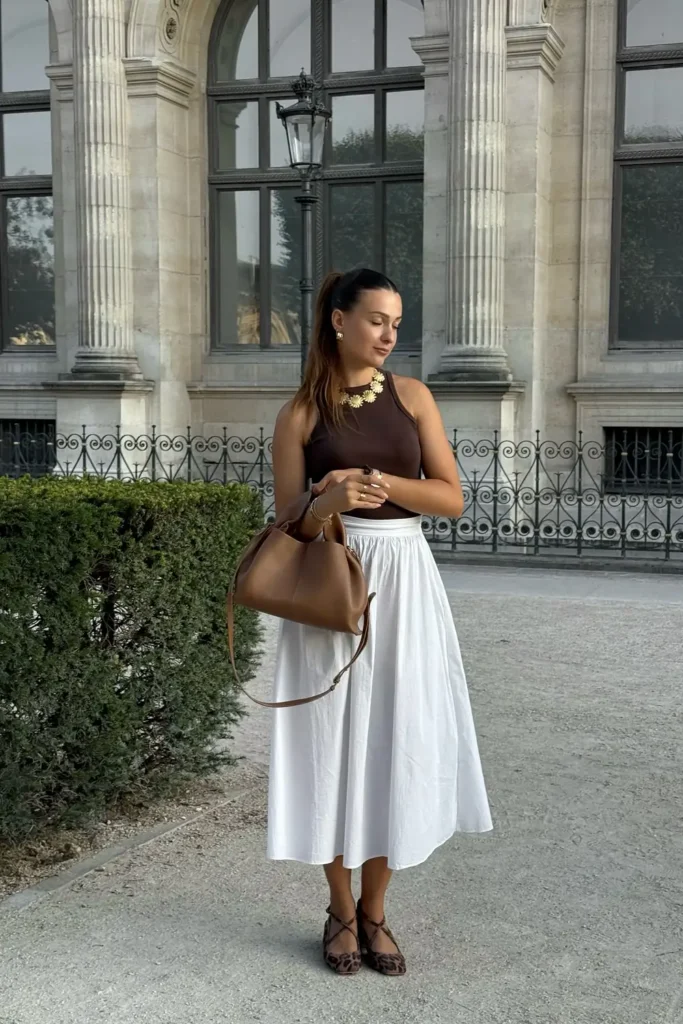 Brown Tank and a White Cotton Midi Skirt