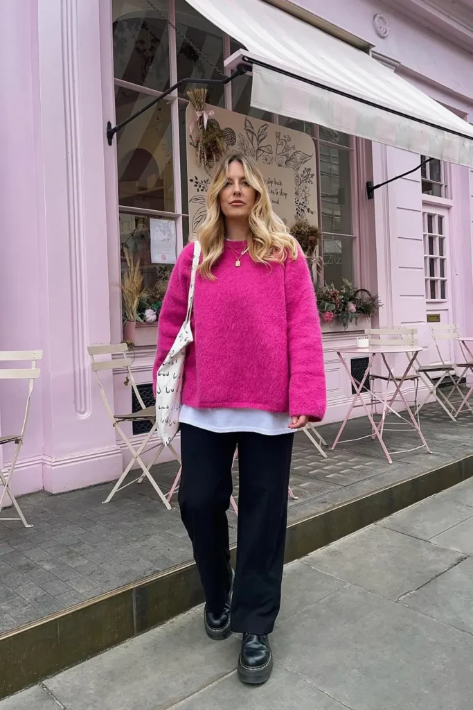 Hot Pink Sweater Over a White Tee With Black Trousers