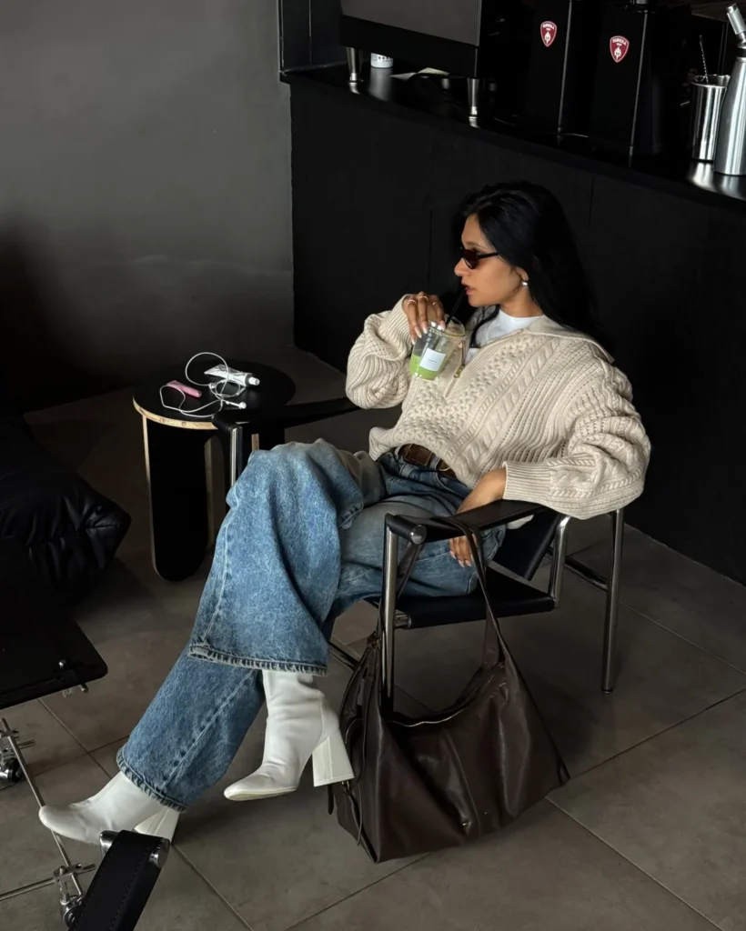 A Cable Knit Half Zip, Baggy Jeans, and White Boots