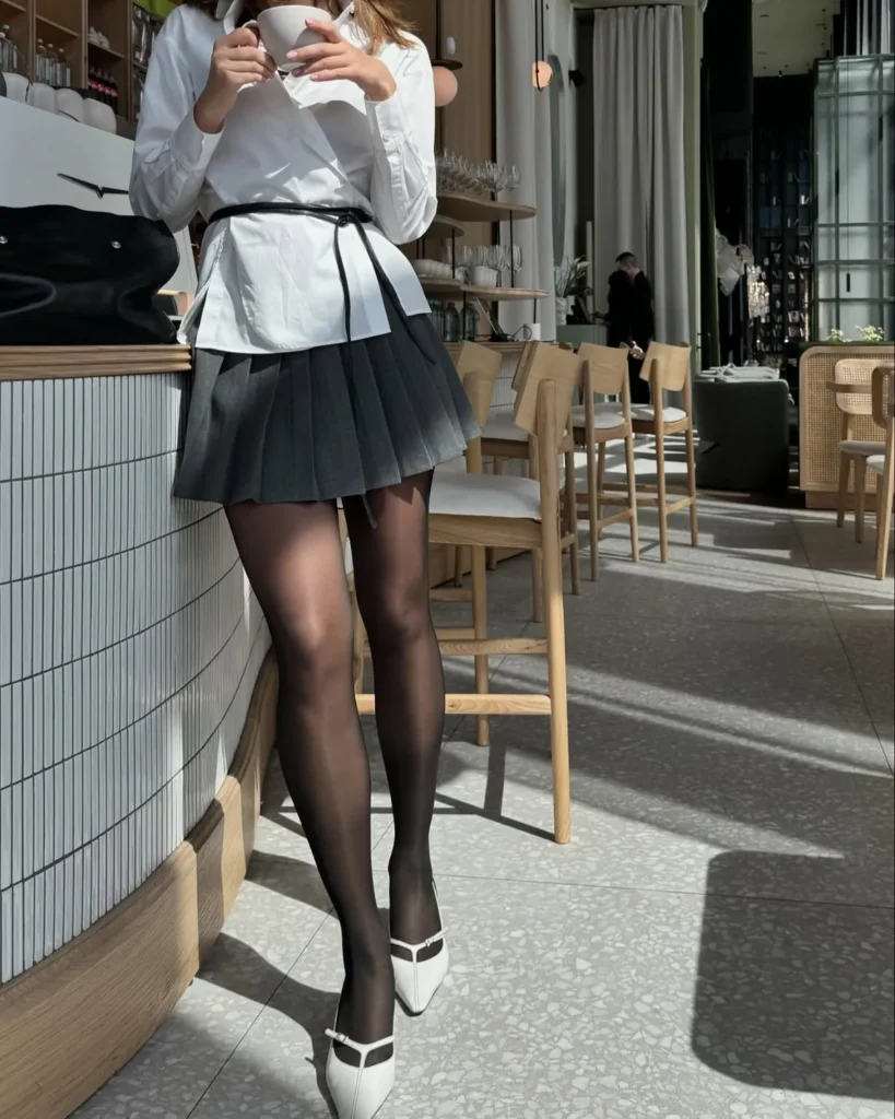 Belted White Shirt With a Grey Pleated Mini