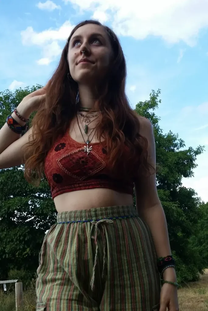 Olive Striped Drawstring Pants With a Rust Embroidered Top