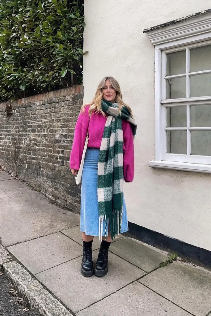 Pink Sweater, Denim Midi Skirt, and a Check Scarf