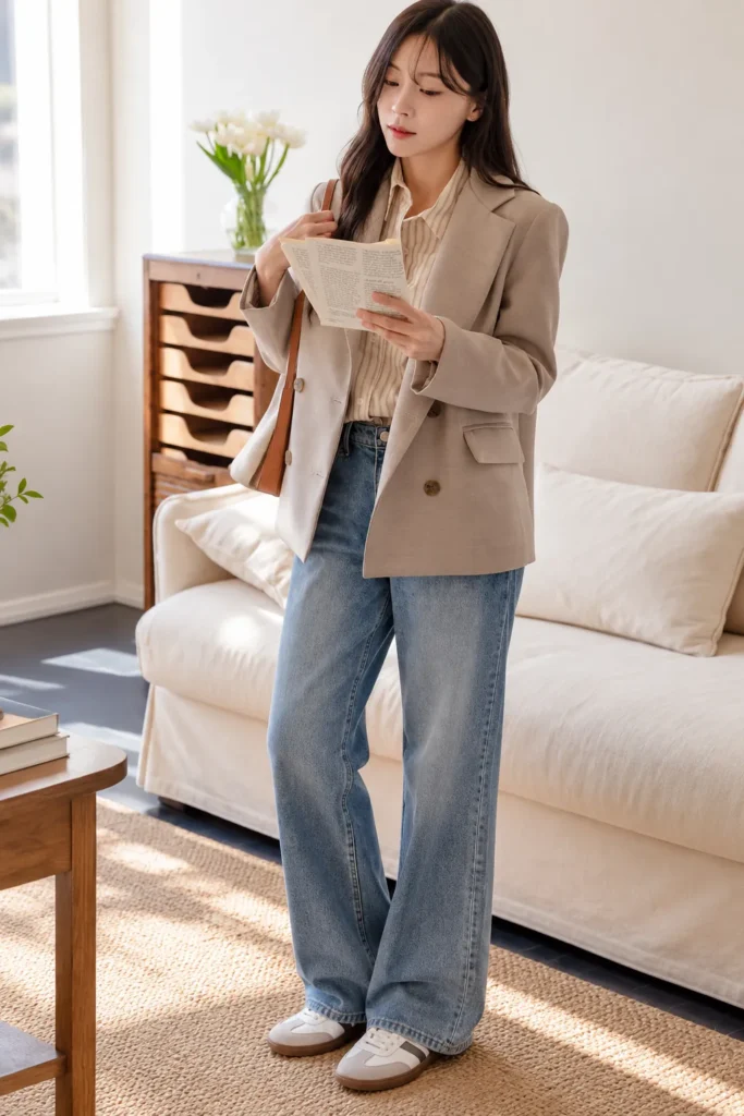 A Beige Blazer Over a Striped Shirt With Light Jeans