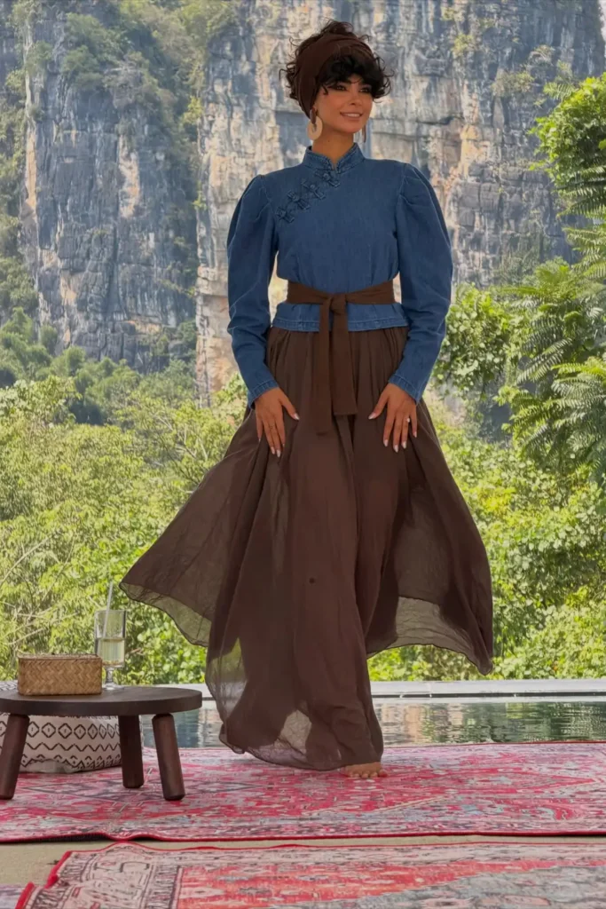 A Boho Office Outfit in Denim and Chocolate Brown