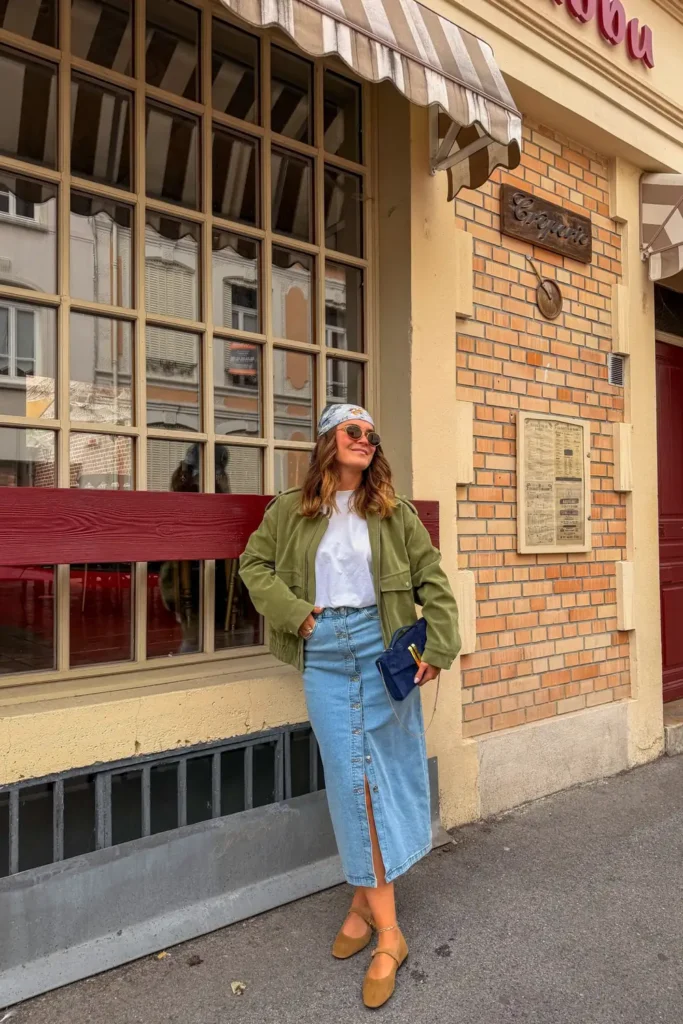 A Long Denim Skirt Office Outfit With an Olive Jacket