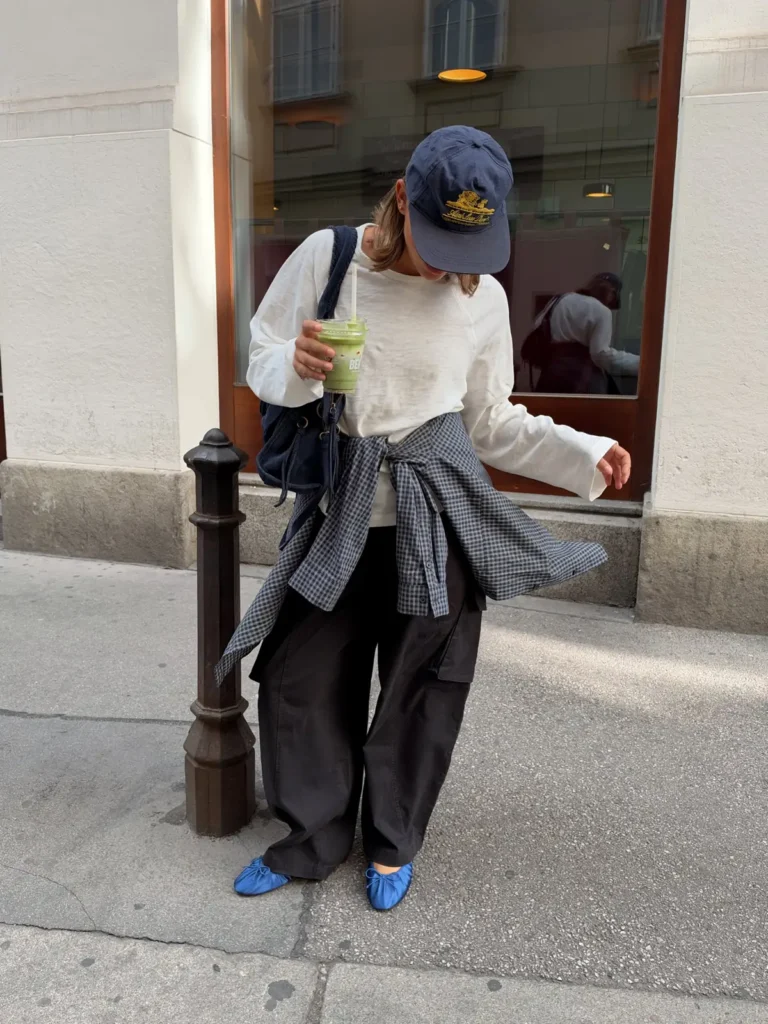 A White Long Sleeve Tee, Black Cargo Trousers, and Cobalt Ballet Flats