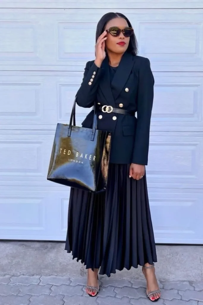 A Pleated Skirt and Blazer Outfit in All Black