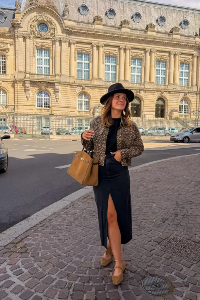 Black Denim Maxi Skirt With a Leopard Print Jacket