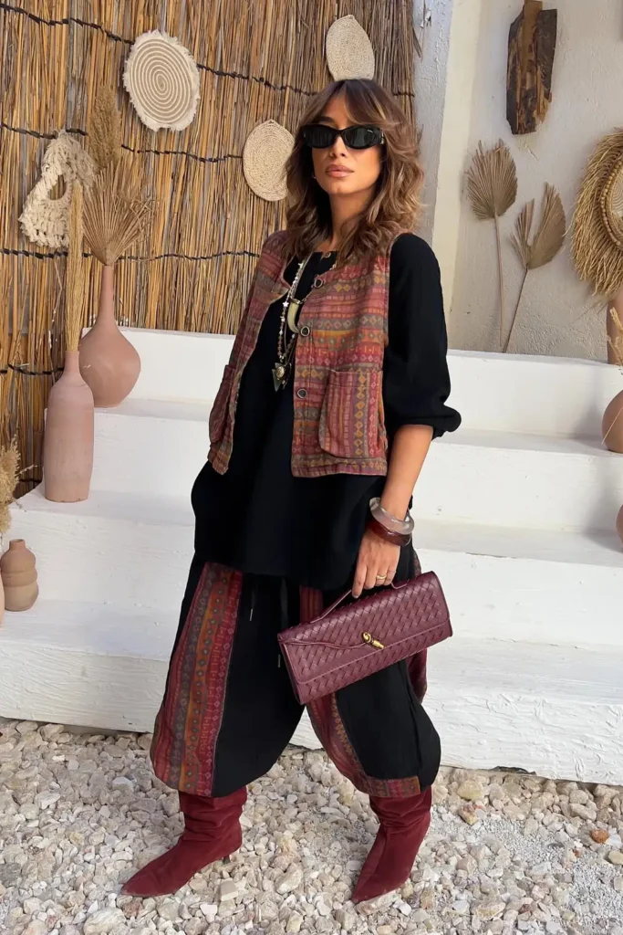 Black Gauze Tunic, Printed Vest, and Burgundy Suede Boots