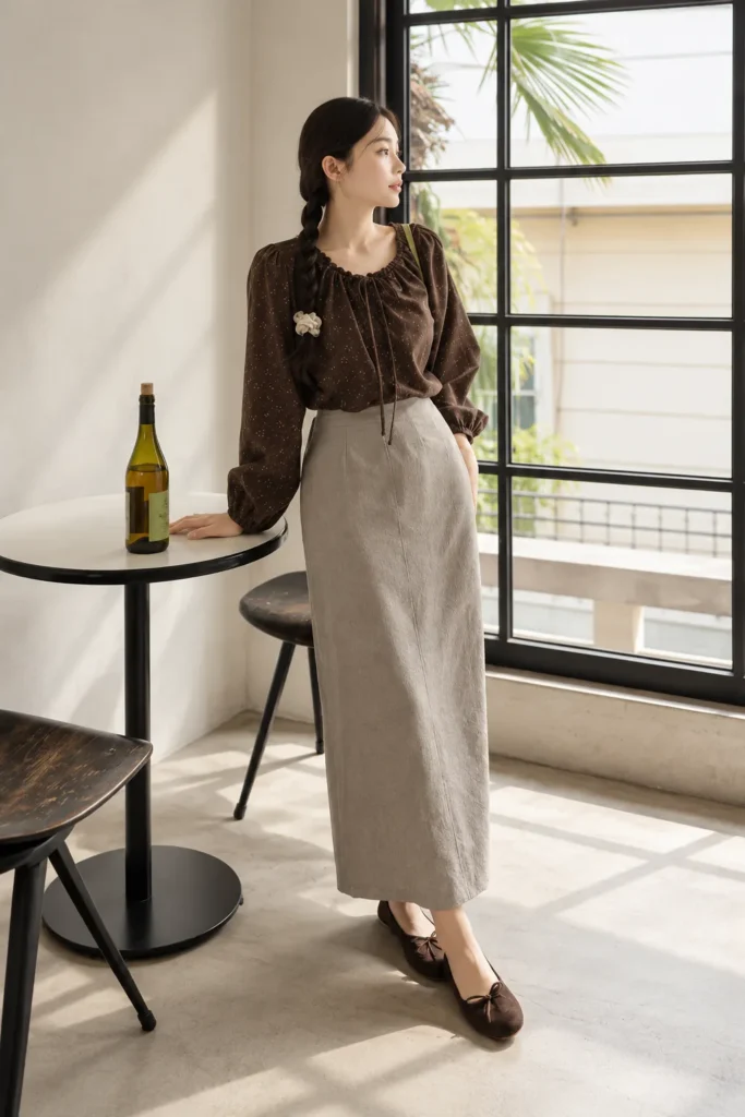 A Dotted Brown Blouse With a Long Column Skirt