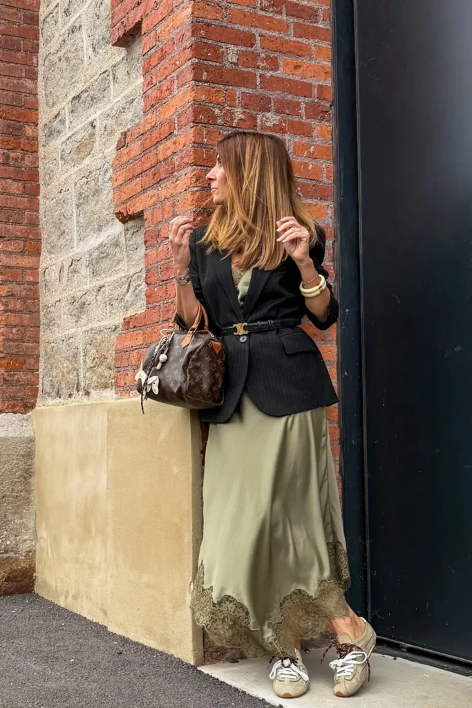 Belted Pinstripe Blazer Over an Olive Satin Slip Dress