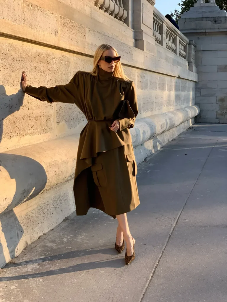 Olive Green With Strong Shoulders and Leopard Heels