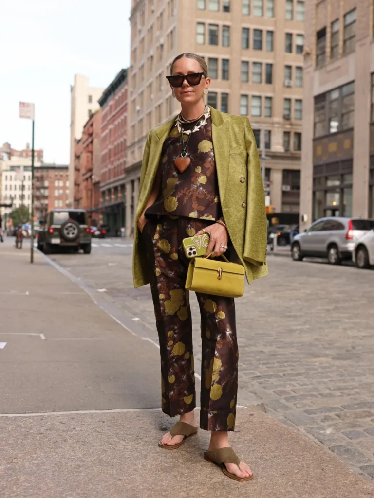 A Floral Brocade Set Under a Moss Green Blazer