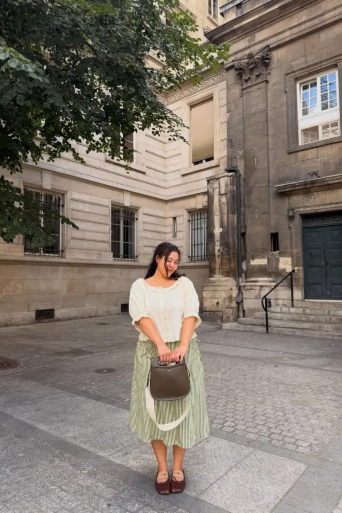 Cream Puff Sleeve Blouse and a Green Striped Midi Skirt