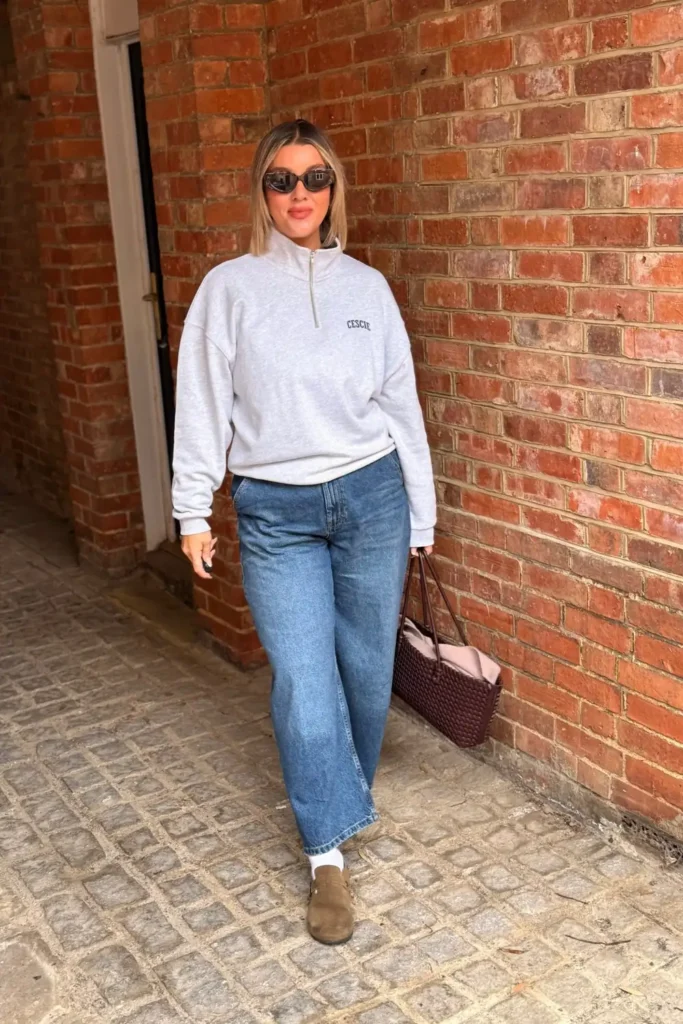 Half Zip Sweatshirt, Wide Leg Jeans, and Suede Clogs