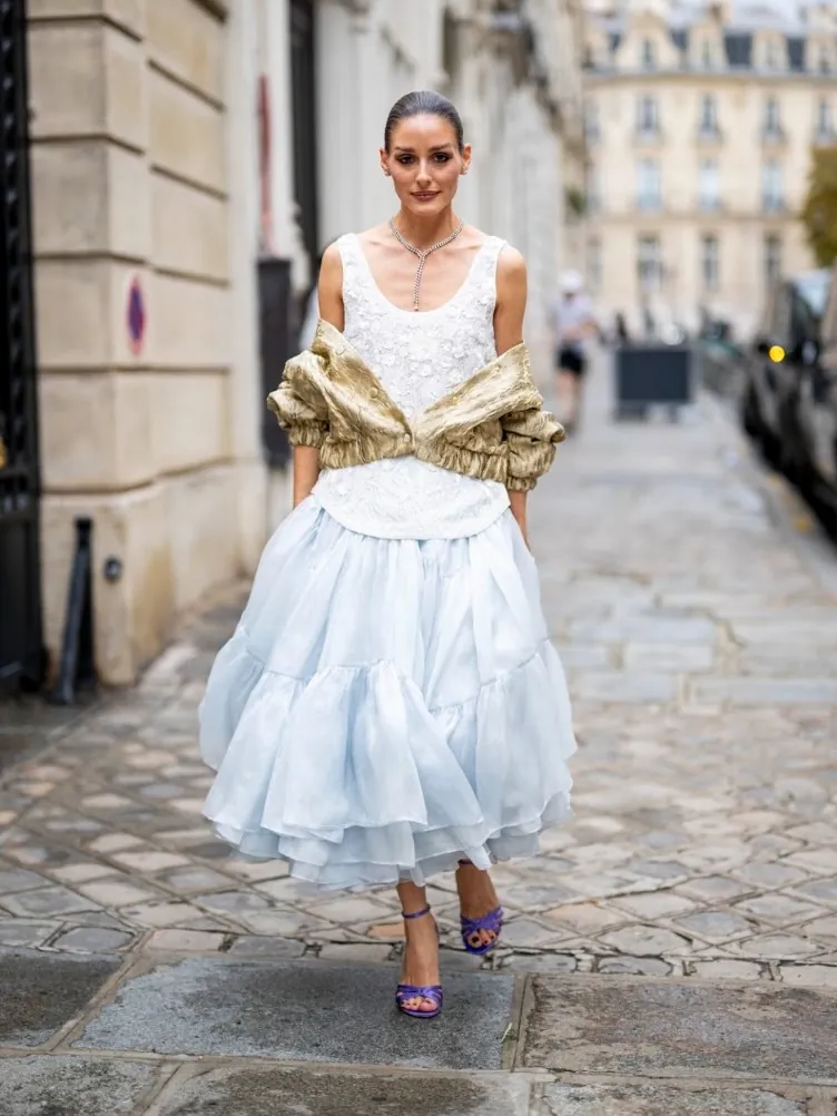 A Floaty Blue Skirt, a White Tank, and a Gold Jacket