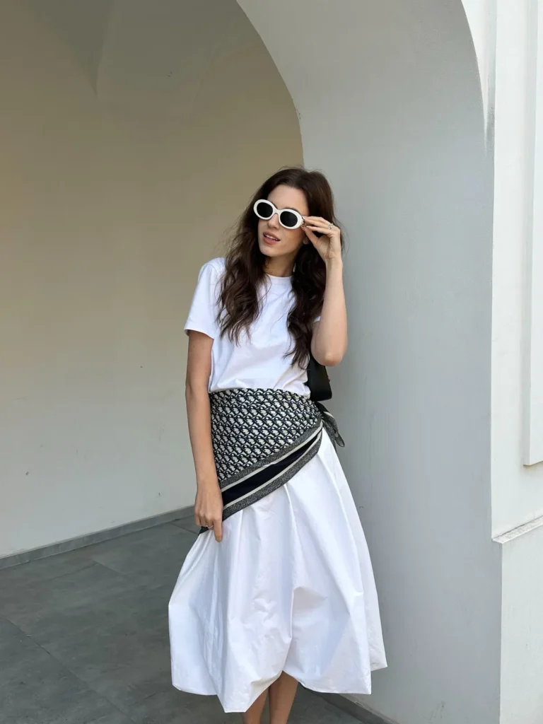 A Printed Scarf Tied at the Hip