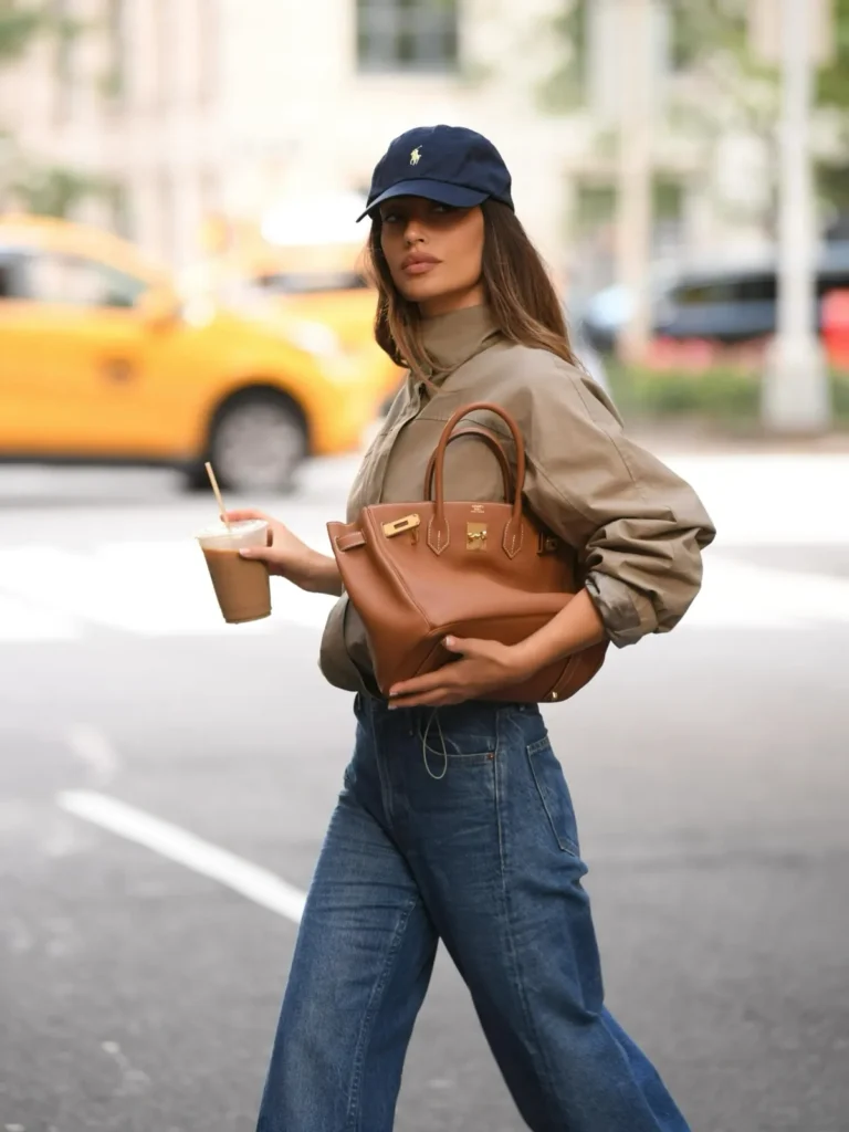 A Khaki Shirt, Wide Leg Jeans, and a Tan Leather Bag