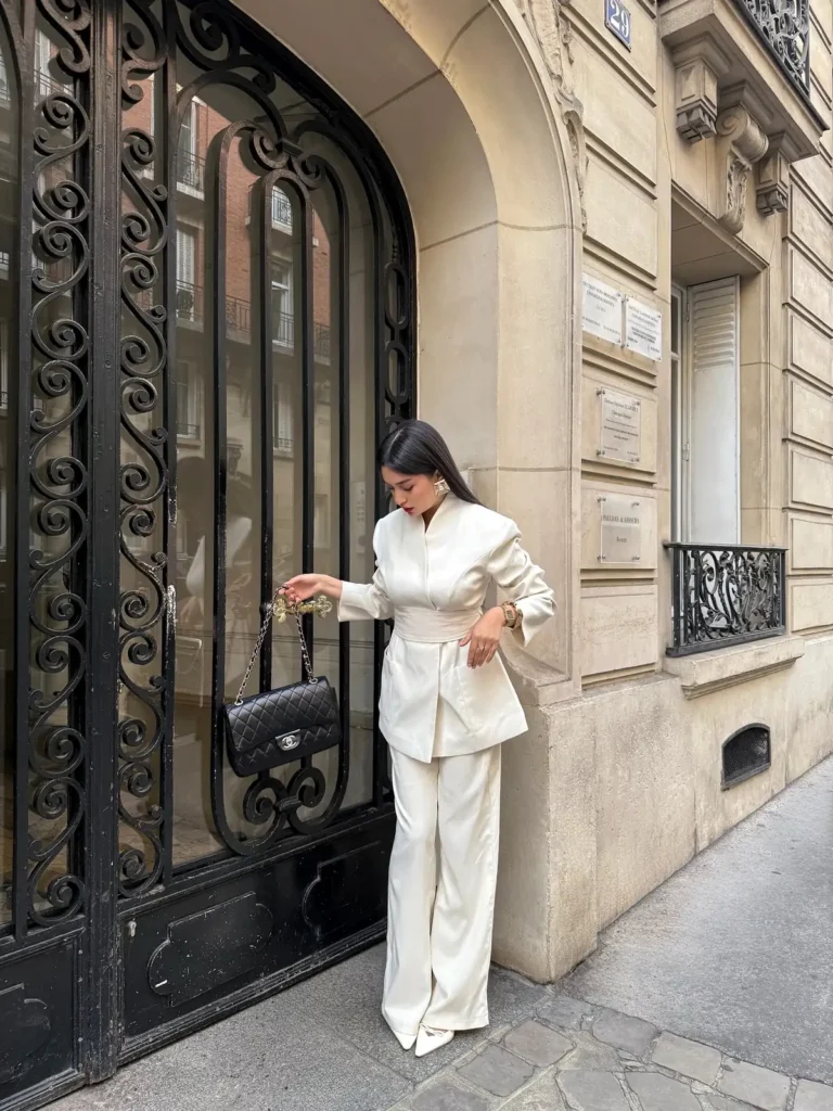 The Ivory Satin Suit With a Sash Waist