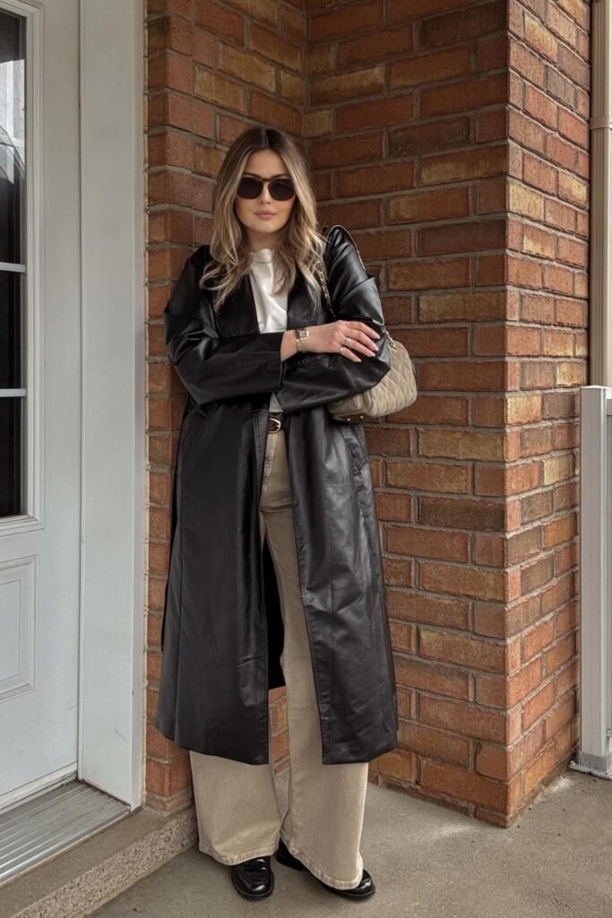 A Black Leather Trench With Sand Wide Leg Jeans