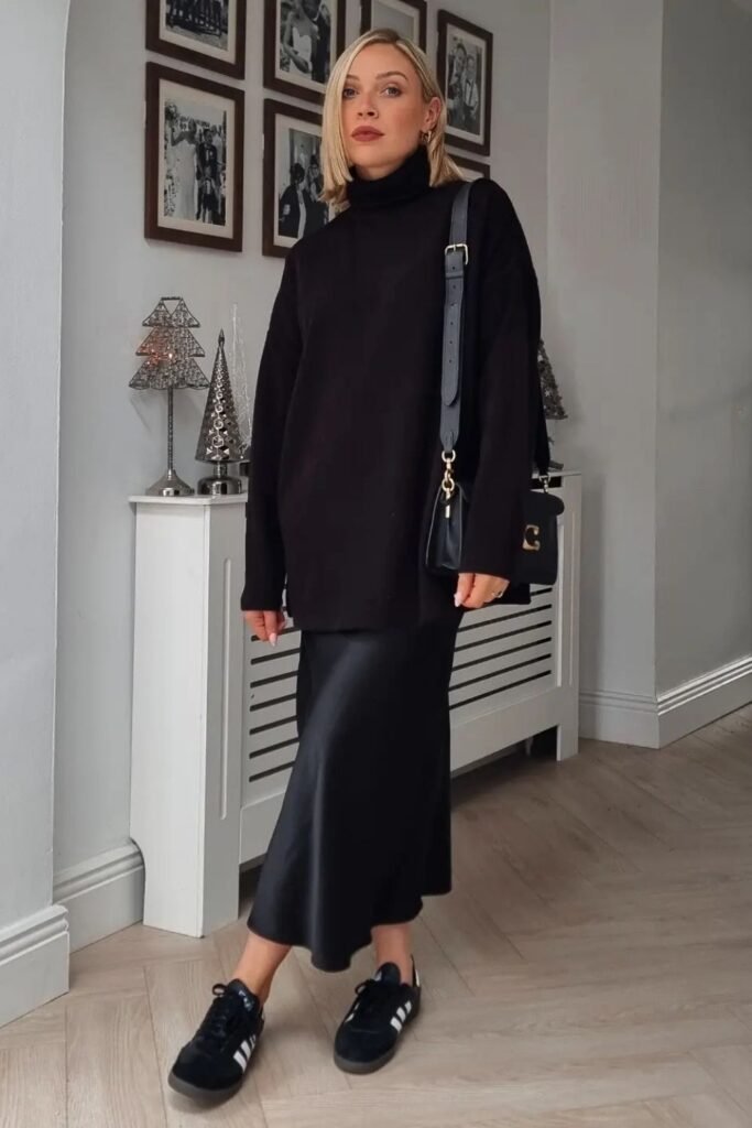 A Black Satin Midi Under an Oversized Black Roll Neck