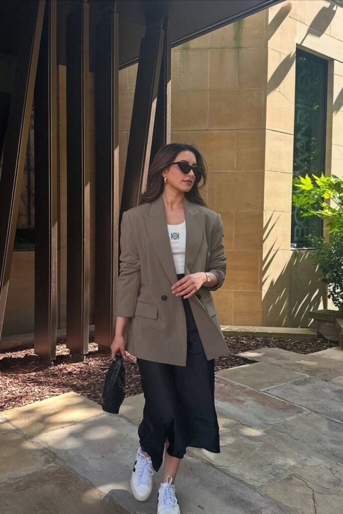 A Black Satin Skirt With a Taupe Oversized Blazer