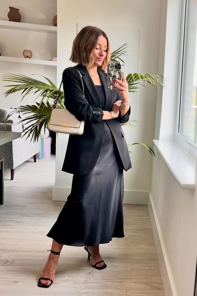 A Black Satin Slip Skirt With a Matching Cami and Black Blazer